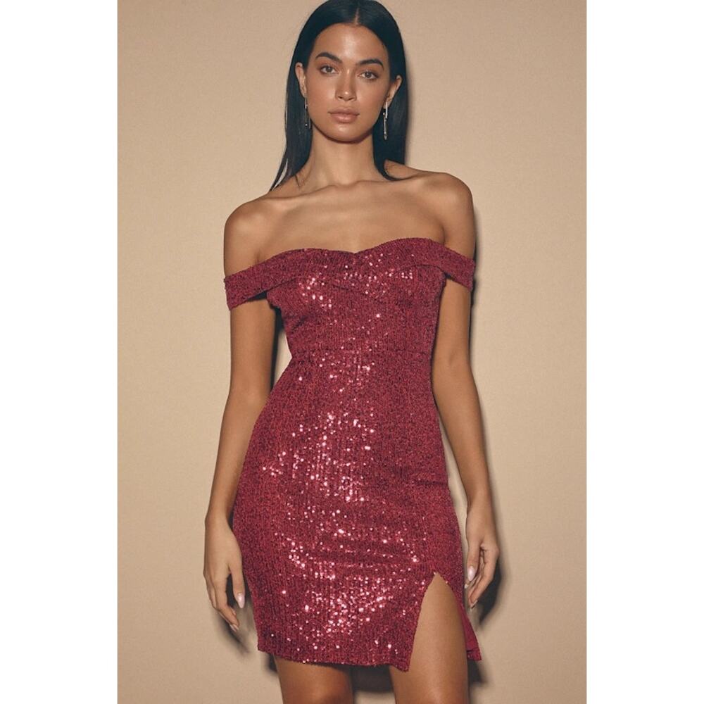 NWT Lulus Once in a Lifetime Wine Red Sequin Off-the-Shoulder Mini Dress M